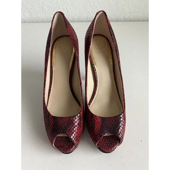 GUESS Red Snake Print High Stiletto Heeled Peep Toe Heels Size 7M Used - Picture 3 of 13